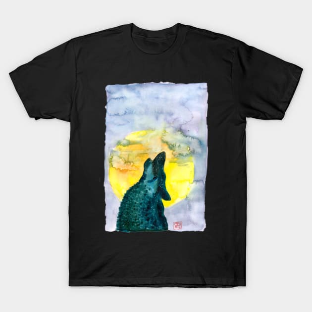 Howling wolf silhouette moon gallaxy watecolour illustration T-Shirt by Pragonette